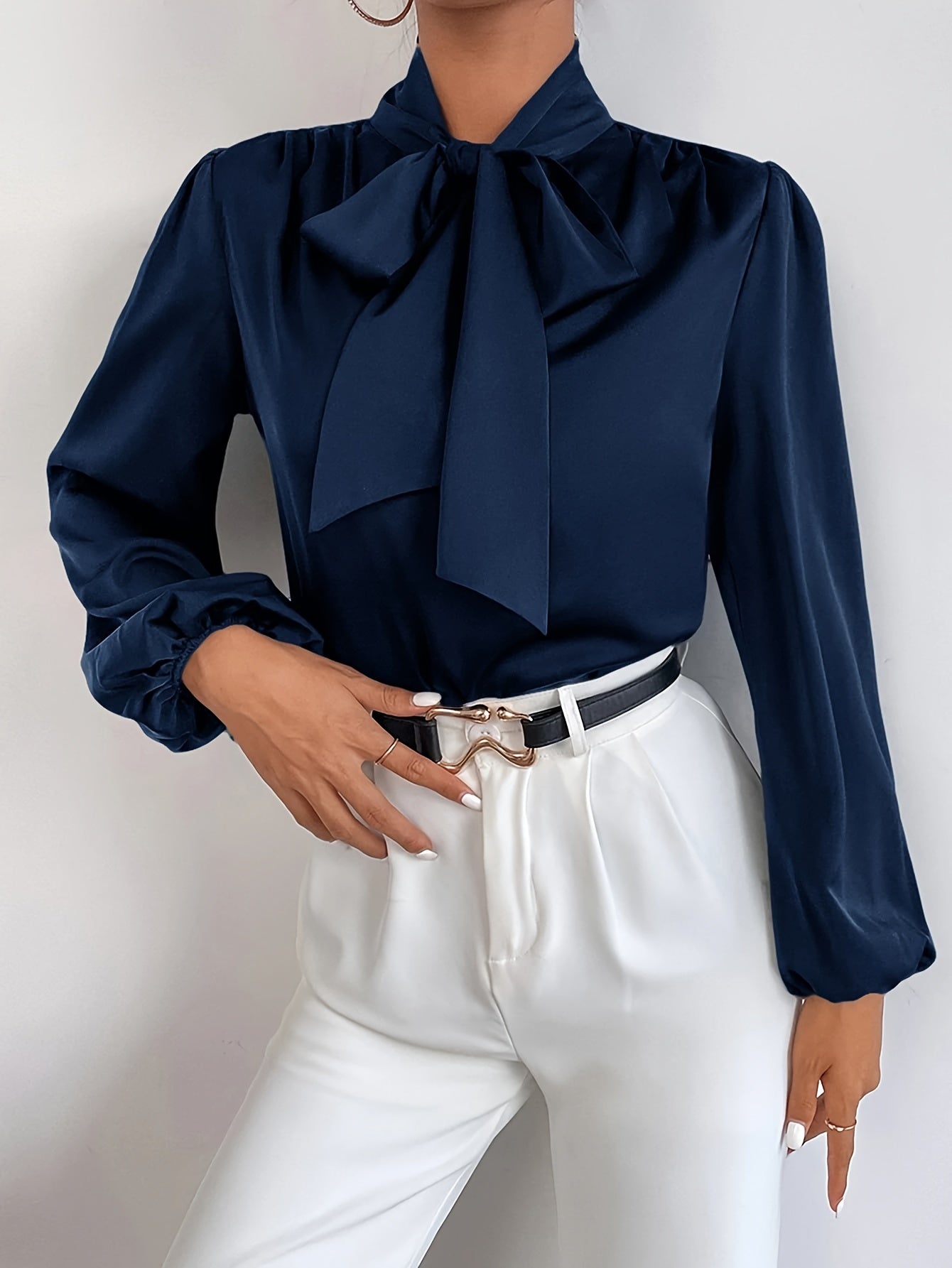 Elegant Satin Feel Blouse with Tie-Neck and Bishop Sleeves