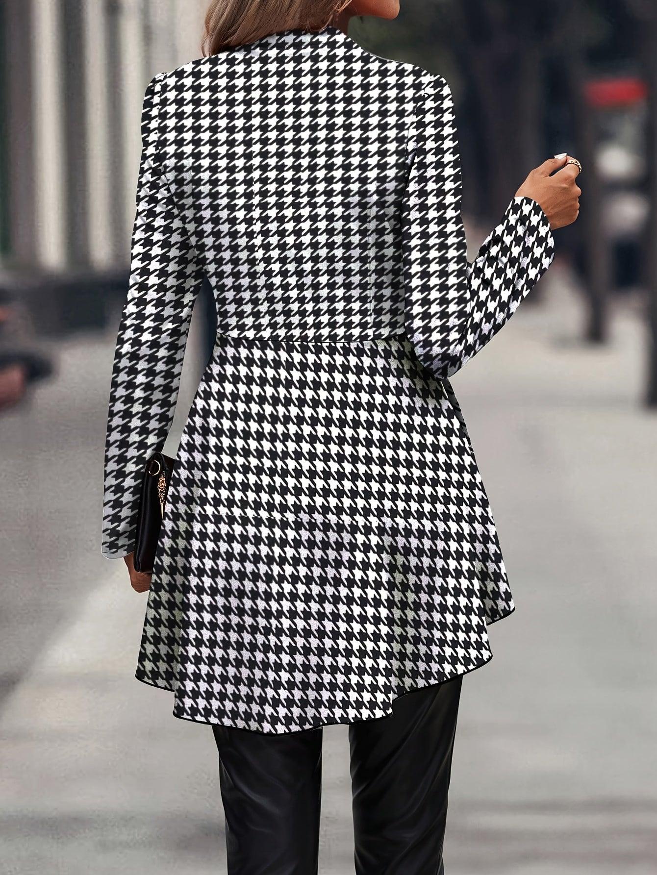 Elegant Houndstooth Print Long Sleeve Ruffle Trim Zip Up Jacket - The Nichole Collection