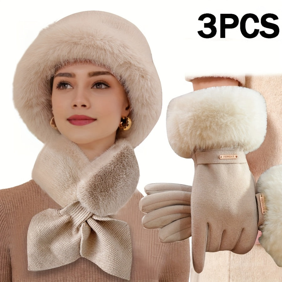 3pcs Winter Warmth Set: Cozy Faux Fur Hat, Gloves & Scarf