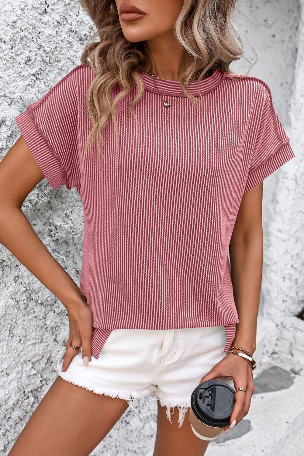 Classic Short Sleeve Striped Tee with Round Neckline - The Nichole Collection