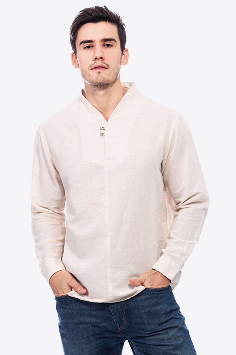 Buttoned V-Neck Linen Tee with Long Sleeves - The Nichole Collection