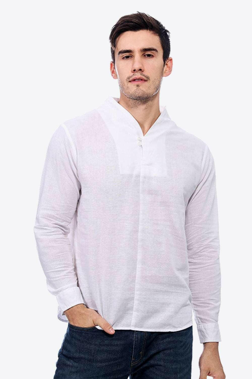 Buttoned V-Neck Linen Tee with Long Sleeves - The Nichole Collection