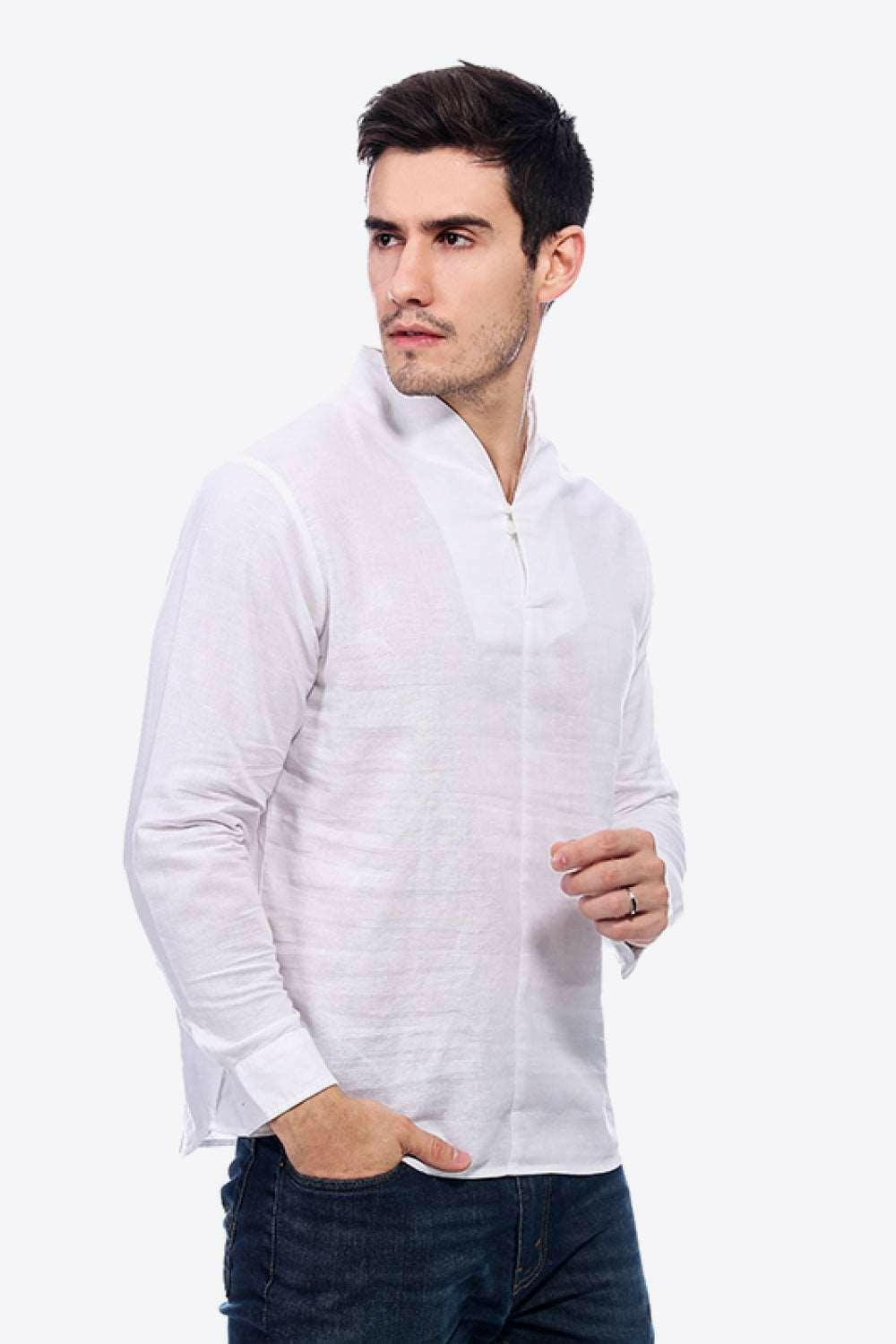 Buttoned V-Neck Linen Tee with Long Sleeves - The Nichole Collection