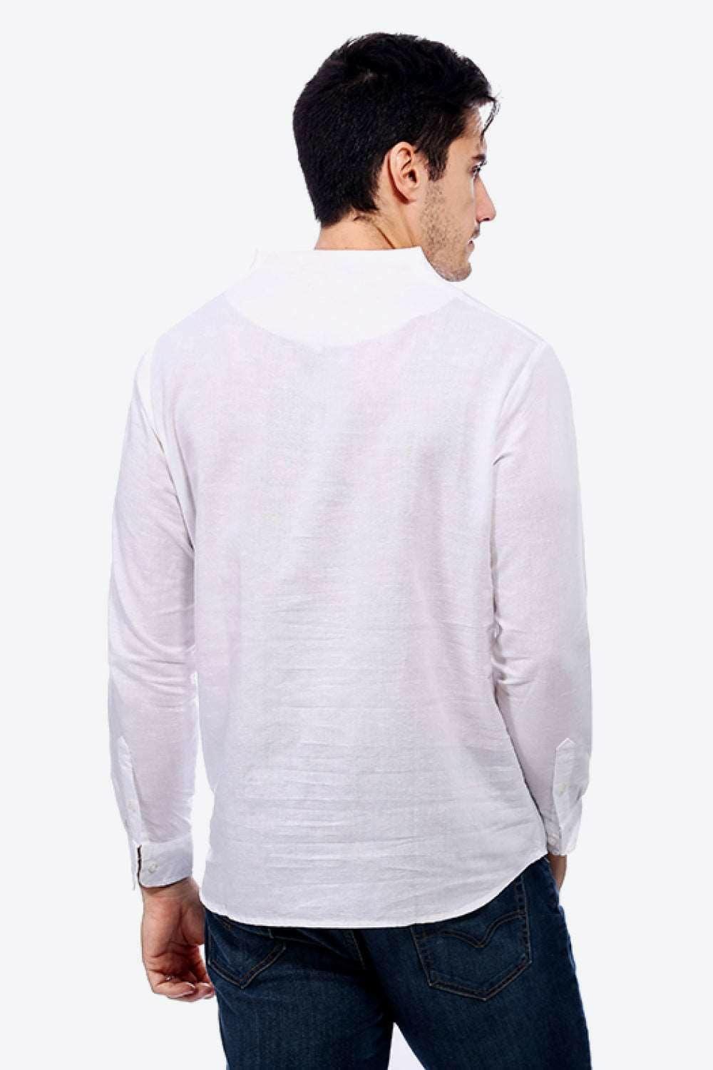 Buttoned V-Neck Linen Tee with Long Sleeves - The Nichole Collection