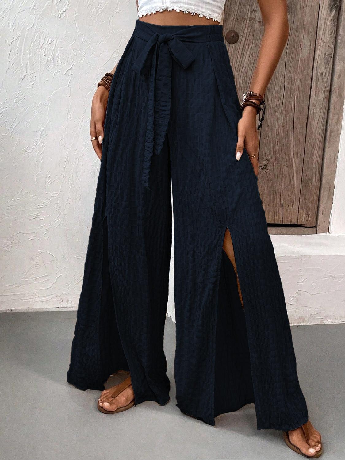 Honey Tied Slit Wide Leg Pants - The Nichole Collection