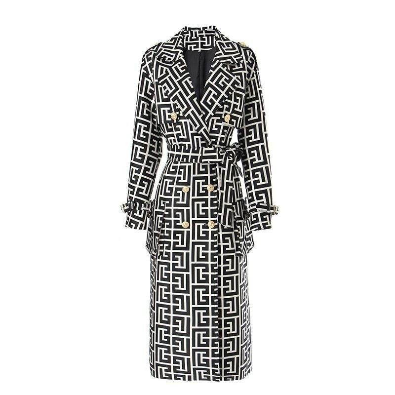 Geometric Pattern Long Trench Coat in Cotton Blend - The Nichole Collection