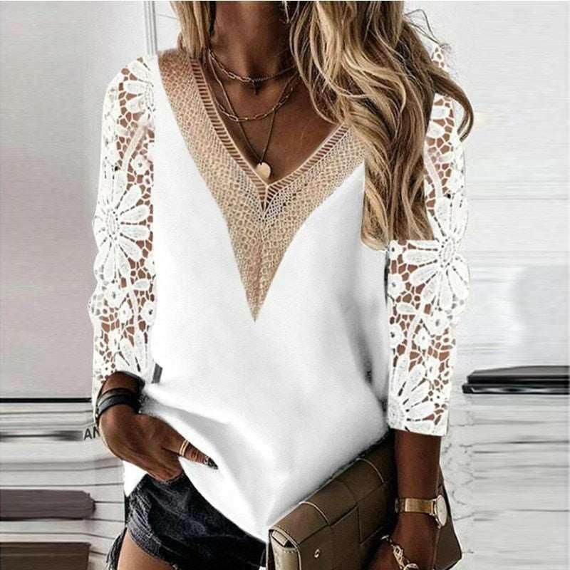 Lace-Detailed V-Neck Long Sleeve Blouse - The Nichole Collection