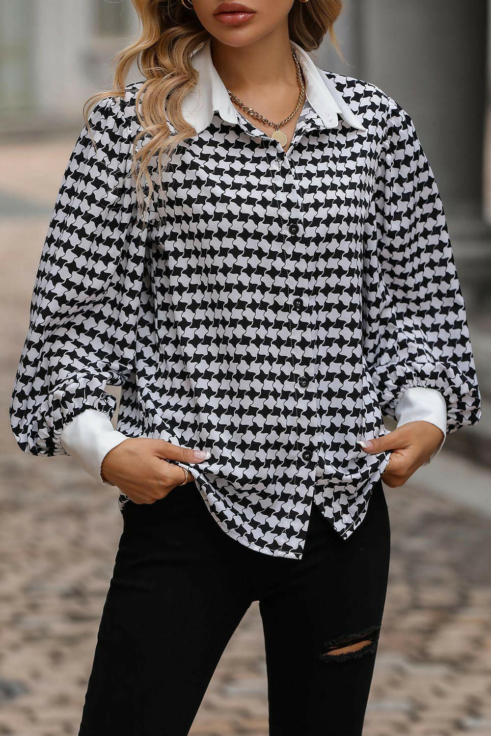 Printed Lantern Sleeve Collared Shirt - Clearance - The Nichole Collection