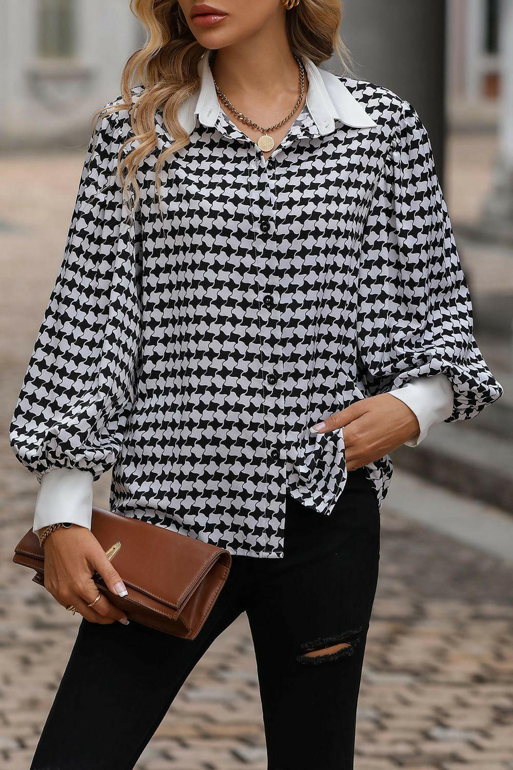 Printed Lantern Sleeve Collared Shirt - Clearance - The Nichole Collection