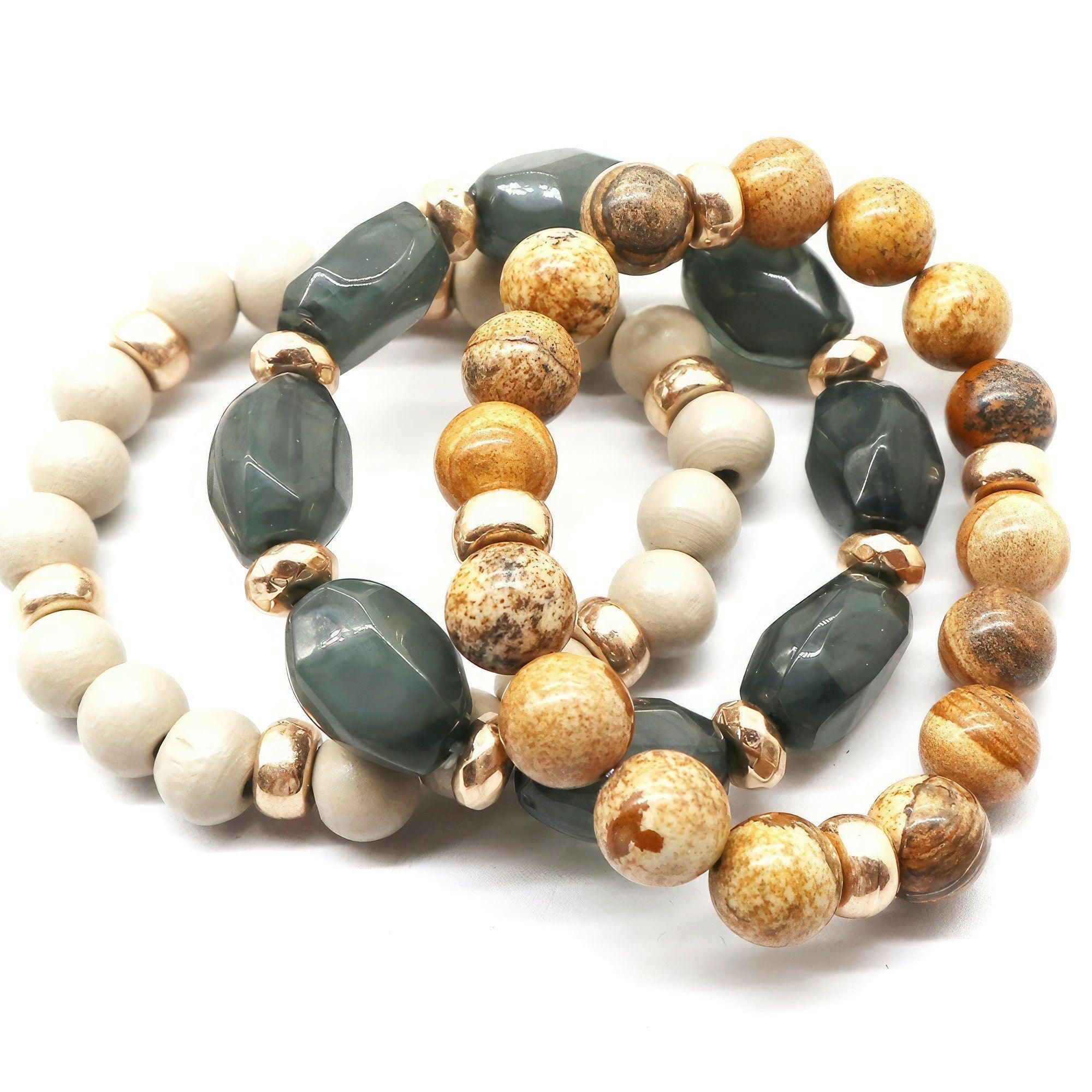 Semi-Precious Stone Wood Bead Bracelet Set - The Nichole Collection