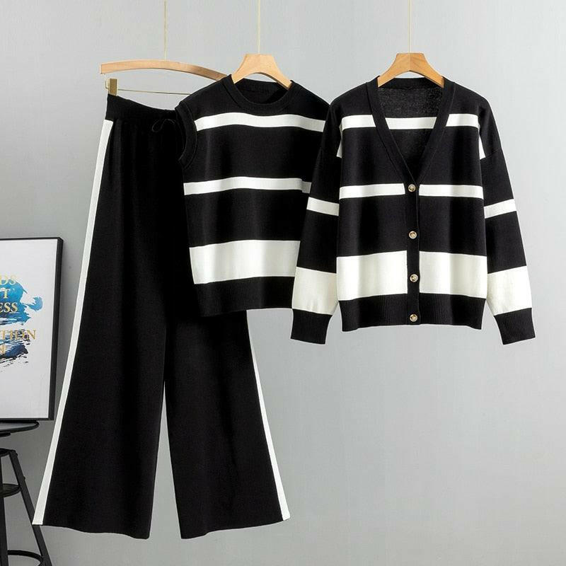 Striped 3-Piece Sweater Set Featuring Jacket & Pants - The Nichole Collection