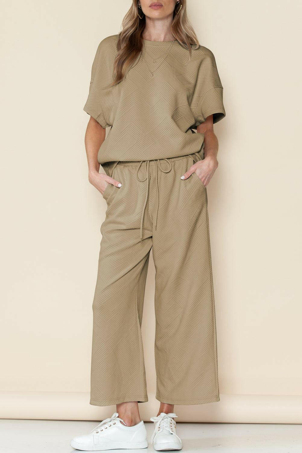 Textured Loose Fit T-Shirt and Drawstring Pants Set - The Nichole Collection