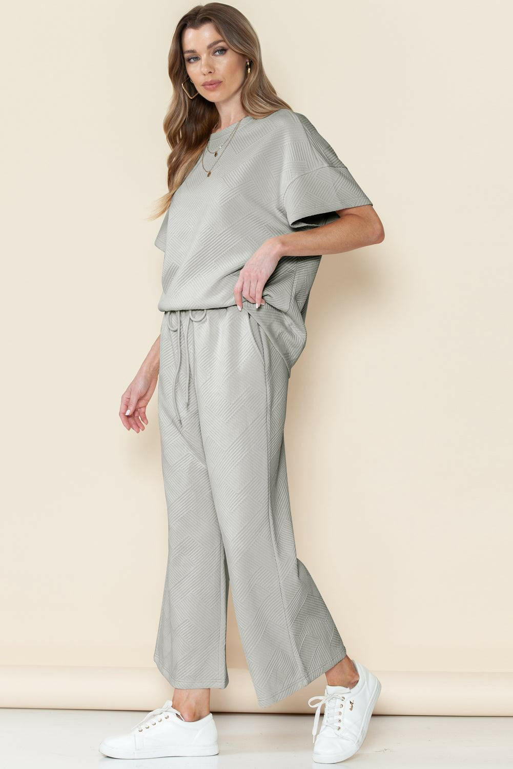 Textured Loose Fit T-Shirt and Drawstring Pants Set - The Nichole Collection