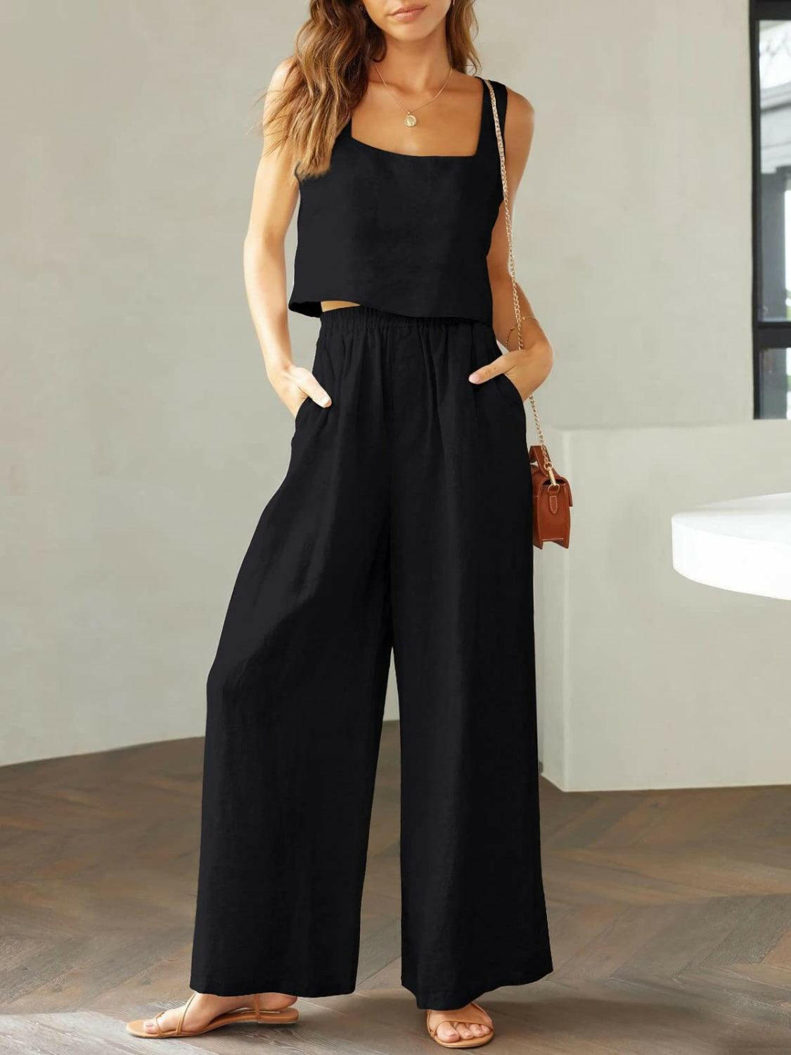 Trendy Square Neck Top and Wide Leg Pants Set - The Nichole Collection