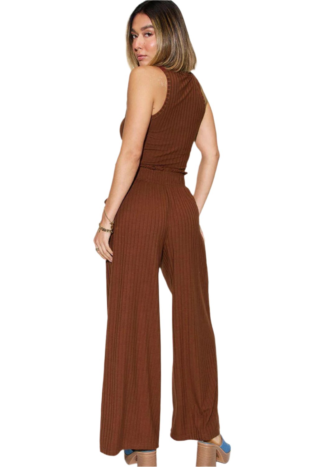 Women's Trendy Stretch Ribbed Tank & Wide Pants Set - The Nichole Collection