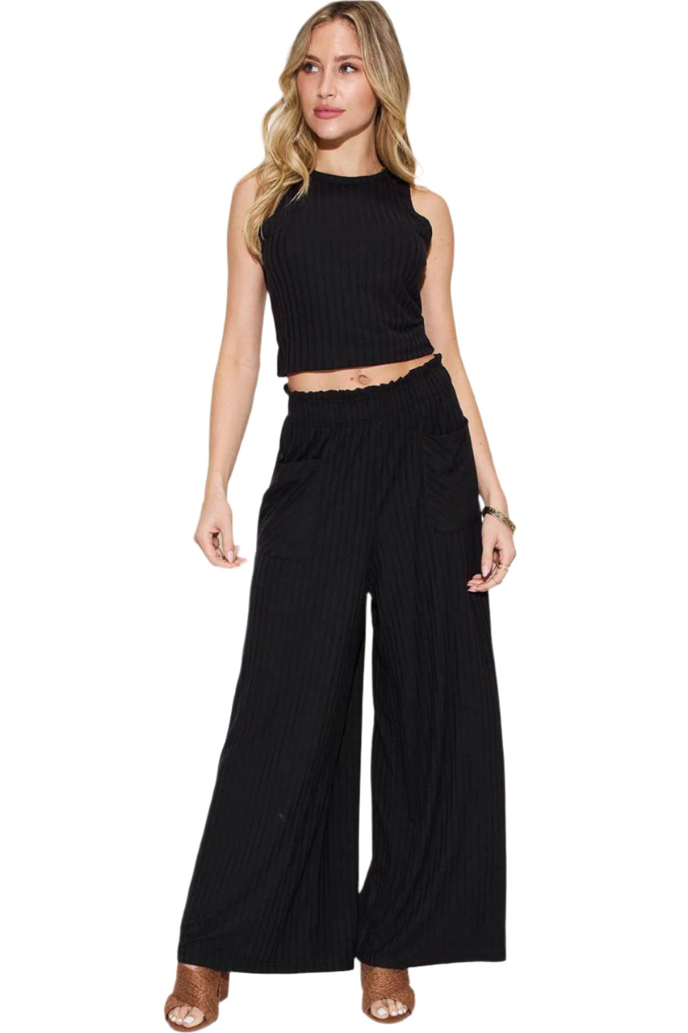 Women's Trendy Stretch Ribbed Tank & Wide Pants Set - The Nichole Collection