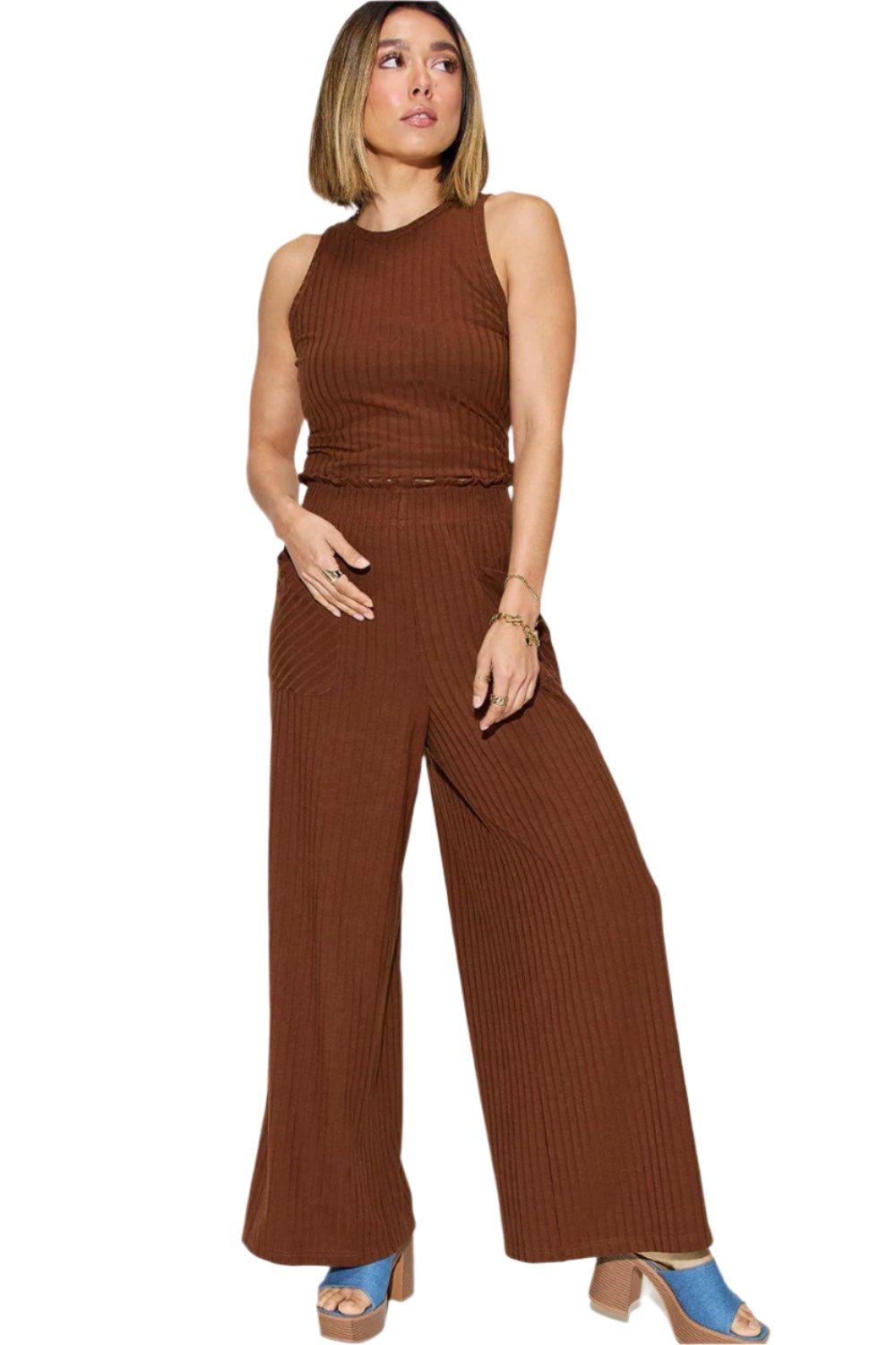 Women's Trendy Stretch Ribbed Tank & Wide Pants Set - The Nichole Collection