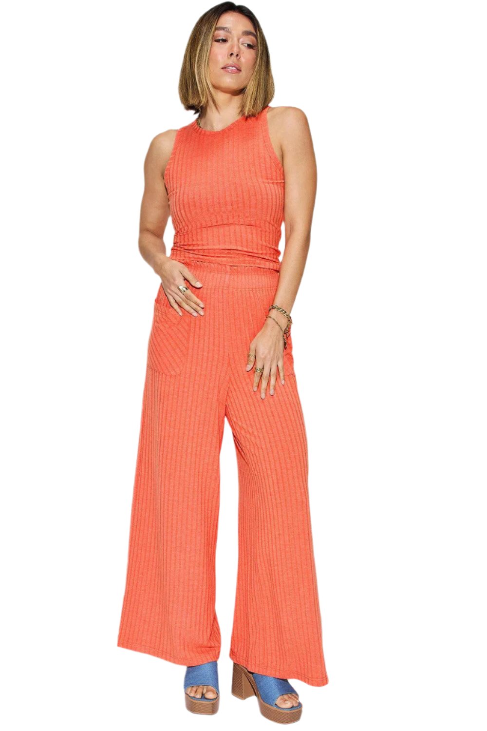 Women's Trendy Stretch Ribbed Tank & Wide Pants Set - The Nichole Collection